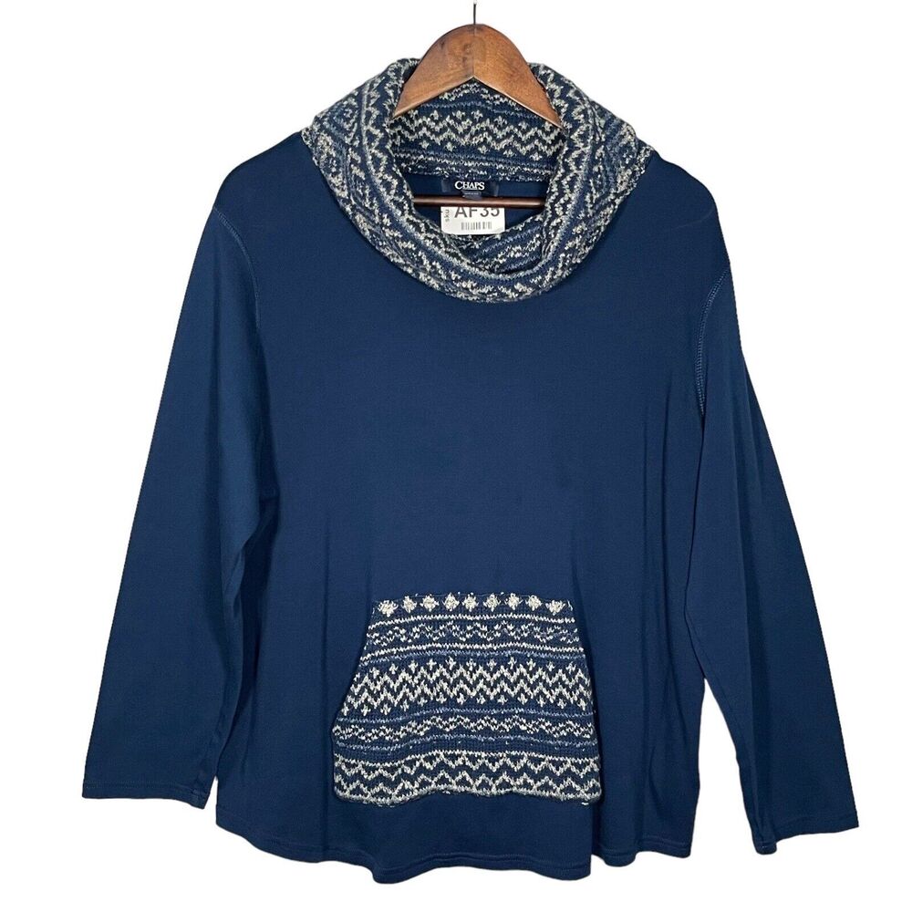 Chaps Cabin Knit Top Women Size 1X‎ Blue Cowl Neck Long Sleeve Kangaroo Pockets
